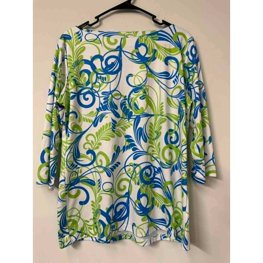Whimsy Rose Women XL‎ Blue Green Scroll Floral Boatneck 3/4 Sleeve UPF Sun Top